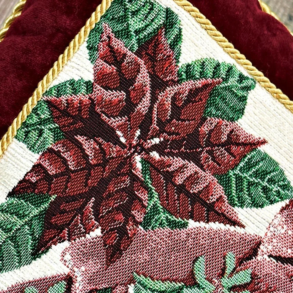 Platinum Couture Christmas Pillow Stitched Poinsettias Tapestry Velvet Gold Cord